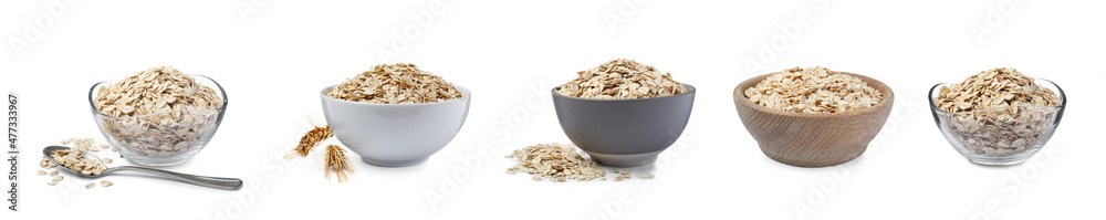 Set with uncooked oatmeal on white background. Banner design Set with uncooked oatmeal on white background. Banner design