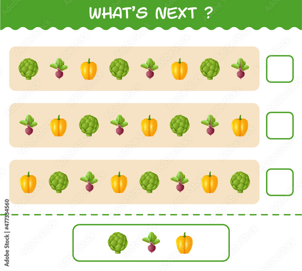What's comes next educational game of cartoon vegetables. Find the regularity and continue the row task. Educational game for pre shool years kids and toddlers What's comes next educational game of cartoon vegetables. Find the regularity and continue the row task. Educational game for pre shool years kids and toddlers
