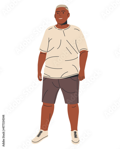Happy Smiling African American Man with Overweight. Black Skinned Body Positive Guy. Male Character Plus Size Model. Plump Man Character. Trendy Big Boy in Tshirt and Shorts. Flat Vector Illustration