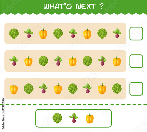 What s comes next educational game of cartoon vegetables. Find the regularity and continue the row task. Educational game for pre shool years kids and toddlers