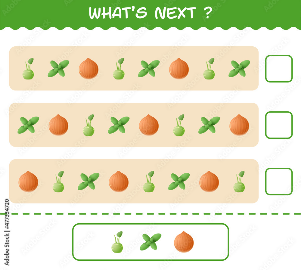 What's comes next educational game of cartoon vegetables. Find the regularity and continue the row task. Educational game for pre shool years kids and toddlers What's comes next educational game of cartoon vegetables. Find the regularity and continue the row task. Educational game for pre shool years kids and toddlers