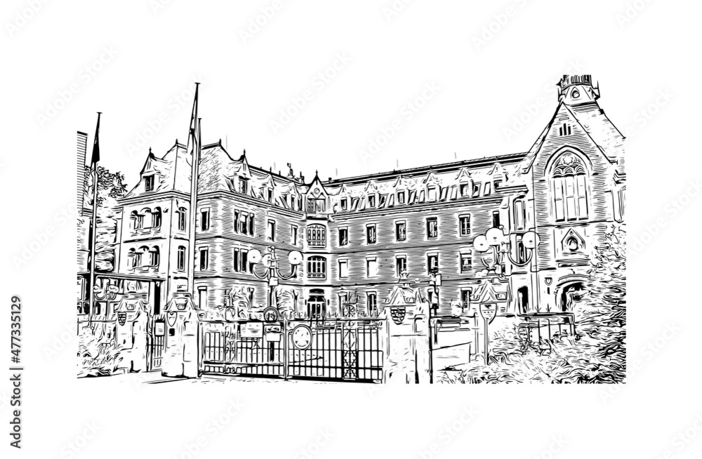 Building view with landmark of Luxembourg is the 
country in Europe. Hand drawn sketch illustration in vector.