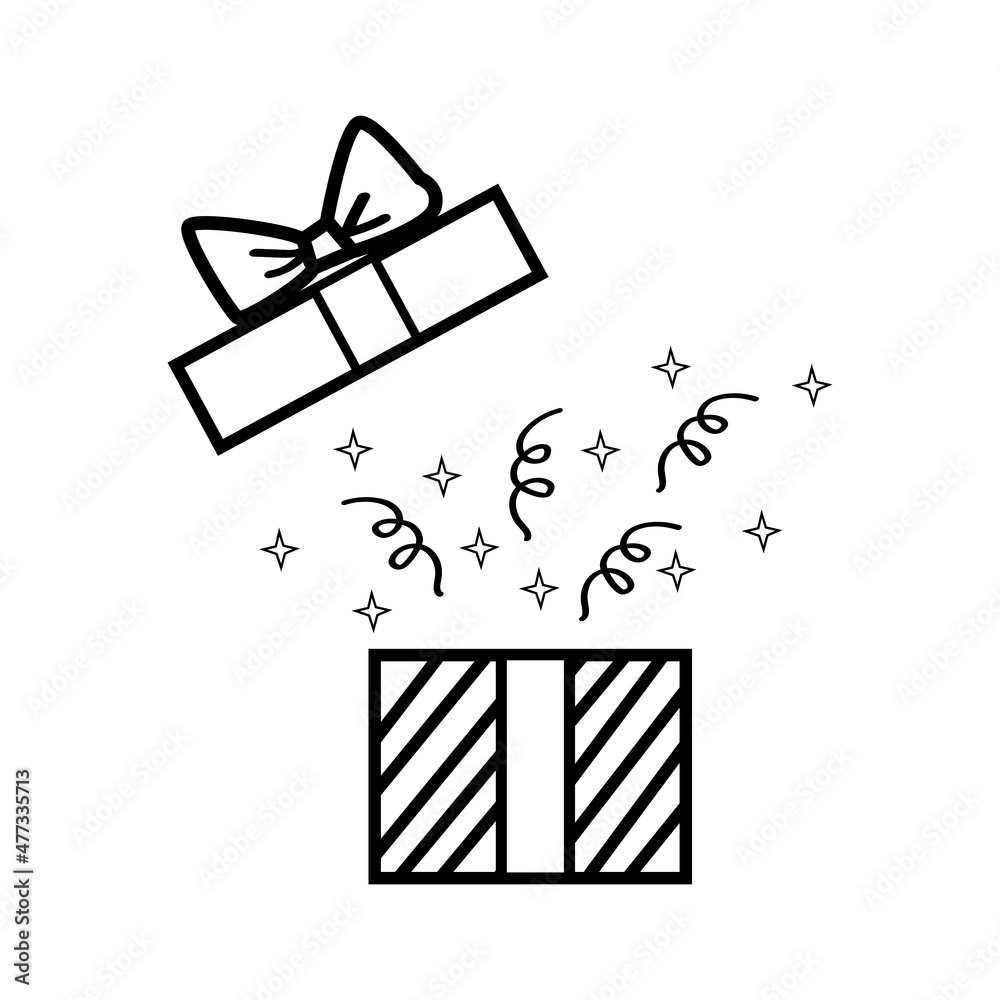 An open box with a bow and a surprise, serpentine and confetti in line art style.