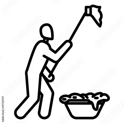 Cleanliness service, washing walls and windows. A man with a mop, a basin with foam. Vector icon, outline, isolated
