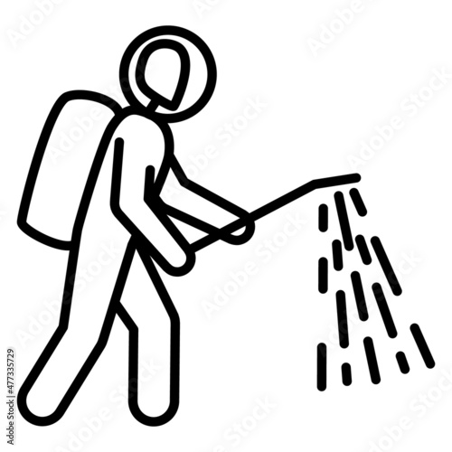 A disinfectant in a protective suit does the treatment. A man with a pump sprays liquid. Vector icon, outline, isolated