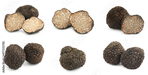 Set with expensive delicious black truffles on white background. Banner design photo