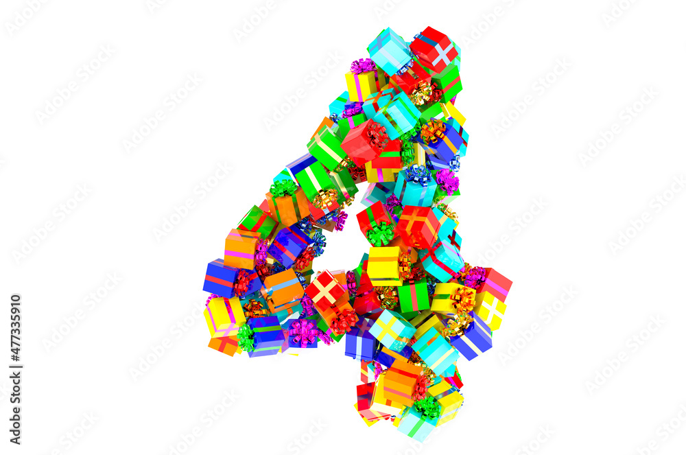 Number 4, from colored gift boxes, 3D rendering Number 4, from colored gift boxes, 3D rendering