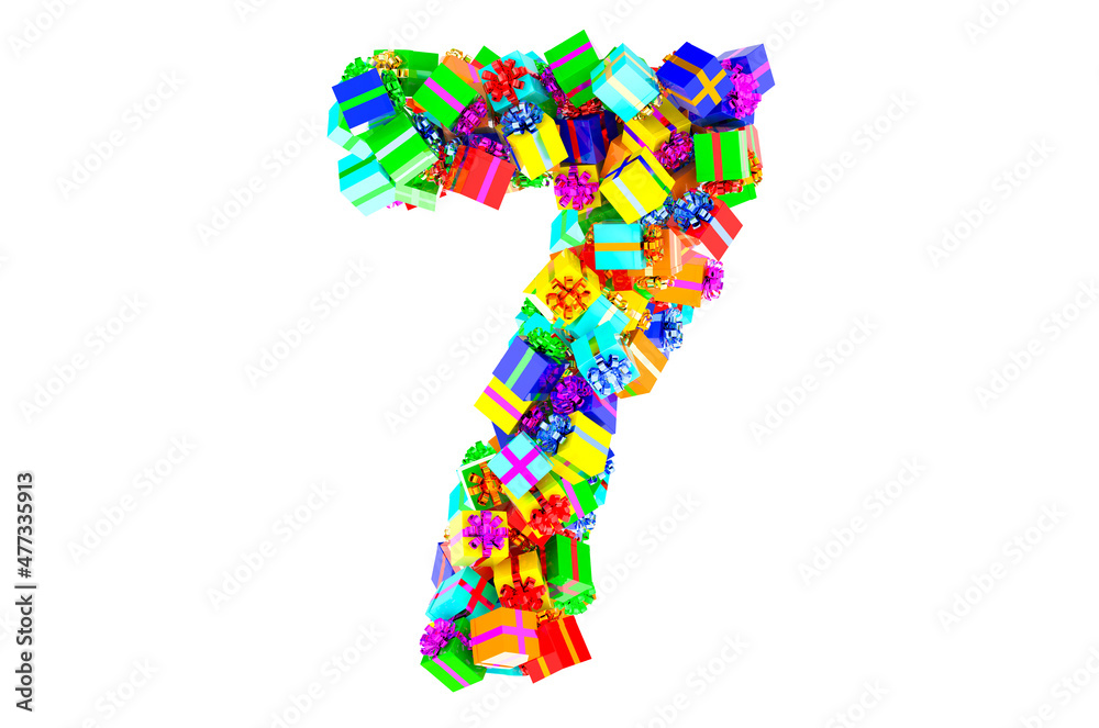 Number 7, from colored gift boxes, 3D rendering