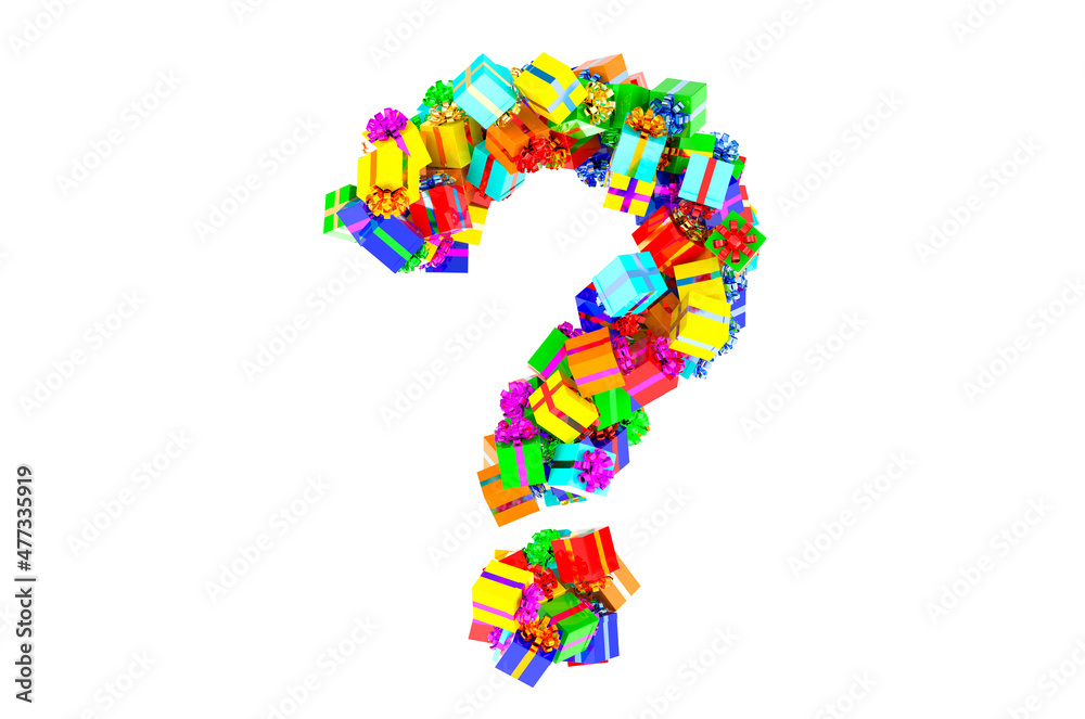 Question mark from colored gift boxes, 3D rendering