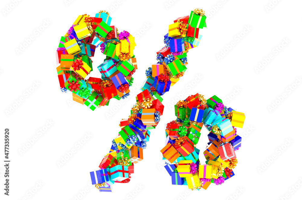 Percent symbol from colored gift boxes, 3D rendering Percent symbol from colored gift boxes, 3D rendering