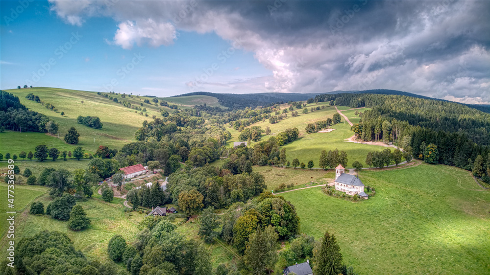 Fototapeta premium Aerial drone photography of Kostel sv. Jana Nepomuckého, Orlické Mountains, Czech Republic