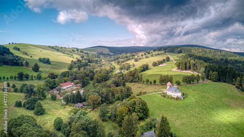 Aerial drone photography of Kostel sv. Jana Nepomuck  ho  Orlick   Mountains  Czech Republic