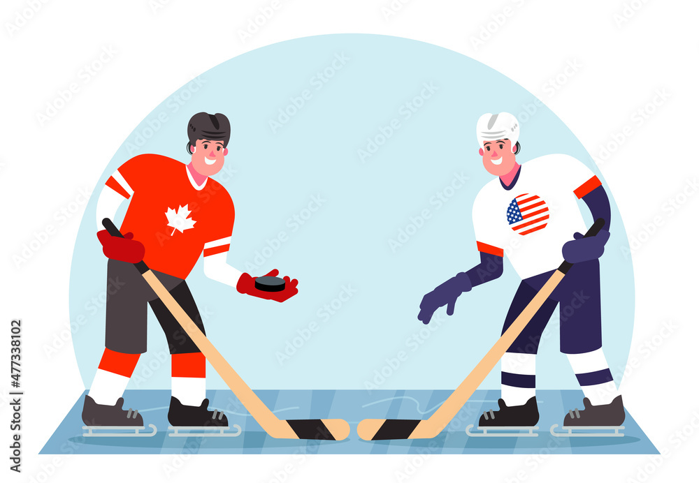 Fototapeta premium Ice hockey players. Competition between Canada and the USA. Vector illustration in a flat style.