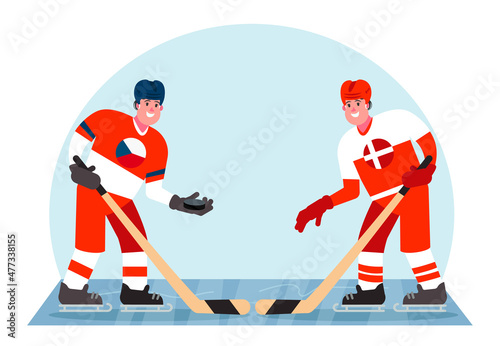 Ice hockey players. Competition between Czech Republic and Denmark. Vector illustration in a flat style.