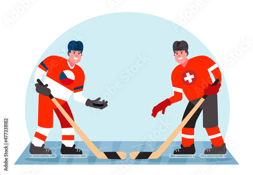 Ice hockey players. Competition between the Czech Republic and Switzerland. Vector illustration in a flat style.