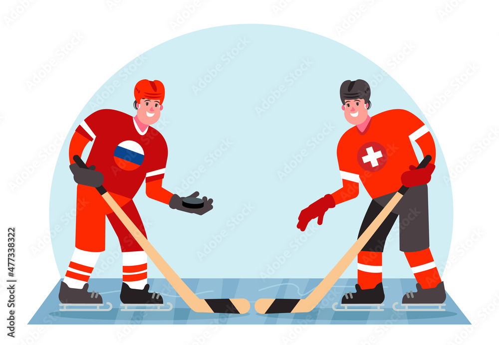 Obraz premium Ice hockey players. Competition between Russia and Switzerland. Vector illustration in a flat style.