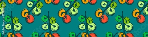 Cherry Tomatoes pattern seamless vector for label catchup or tomato juice packaging. Vegetarian background. Organic vegetables drawings. Ornament for vegan restaurant banner, healthy food flyer — Bio.