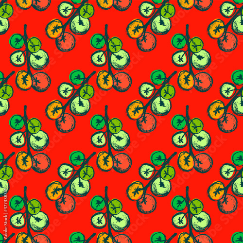 Cherry Tomatoes pattern seamless vector for label catchup or tomato juice packaging. Vegetarian background. Organic vegetables drawings. Ornament for vegan restaurant banner, healthy food flyer — Bio.