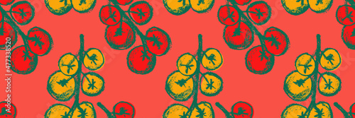 Cherry Tomatoes pattern seamless vector for label catchup or tomato juice packaging. Vegetarian background. Organic vegetables drawings. Ornament for vegan restaurant banner, healthy food flyer — Bio.