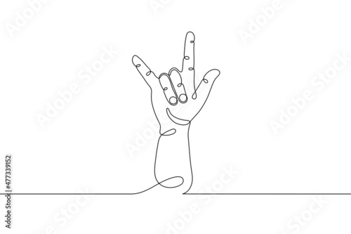 Single line drawn hand gesture,  minimalistic human rock hand, symbol of rock, heavy metal, rock and roll music, two fingers up. Dynamic continuous one line graphic vector design