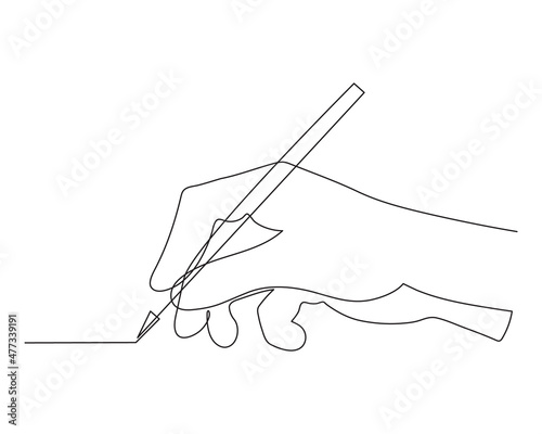 Writing hand, one line art, hand drawn continuous contour. Palm with fingers holding pen, pencil, ballpoint.Editable stroke. Isolated. Vector illustration