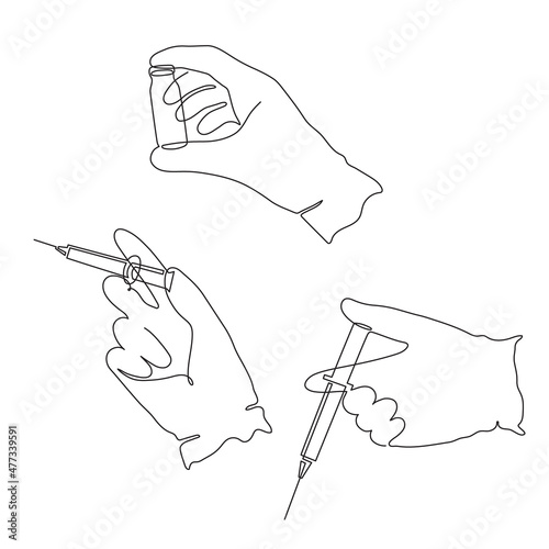 Gloved hands holding syringe and test tube,one line art,continuous drawing contour.Coronavirus vaccination,health care injection,laboratory analysis,substance solution.Medical concept.Editable stroke
