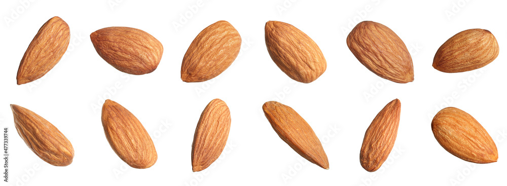 Set with tasty almonds on white background. Banner design Set with tasty almonds on white background. Banner design