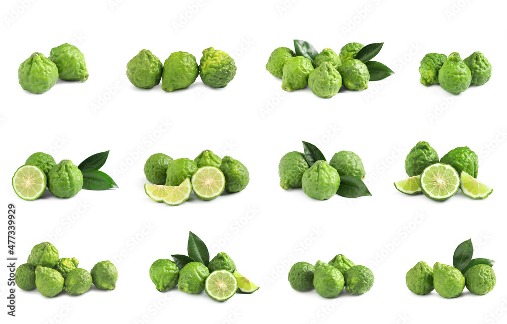 Set with fresh ripe bergamot fruits on white background Set with fresh ripe bergamot fruits on white background