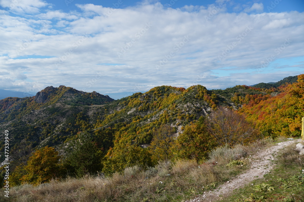Beautiful panorama view hills mountain, blue sky, mountain trail