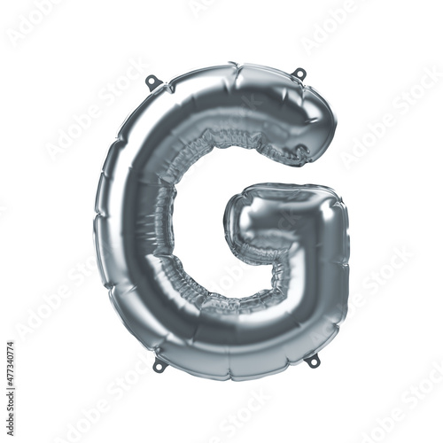 3D Render of silver inflatable foil balloon letter G. Party decoration element. Gray character isolated on white background. New year celebration postcard part. Graphic element sign for web design