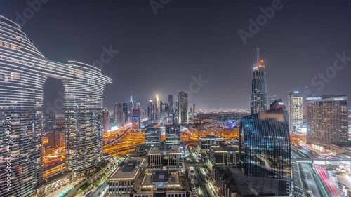 Wallpaper Mural Futuristic Dubai Downtown and finansial district skyline aerial all night timelapse. Torontodigital.ca