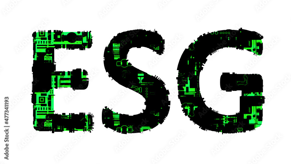 ESG black - green cybernetic digital text, isolated - object 3D rendering ESG black - green cybernetic digital text, isolated - object 3D rendering