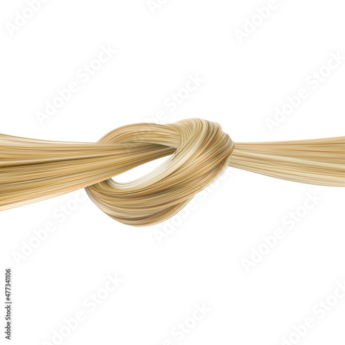 Beautiful strong shiny blond hair tied in a knot. Vector 3d realistic illustration isolated on white background. Women's straight curls of light color.