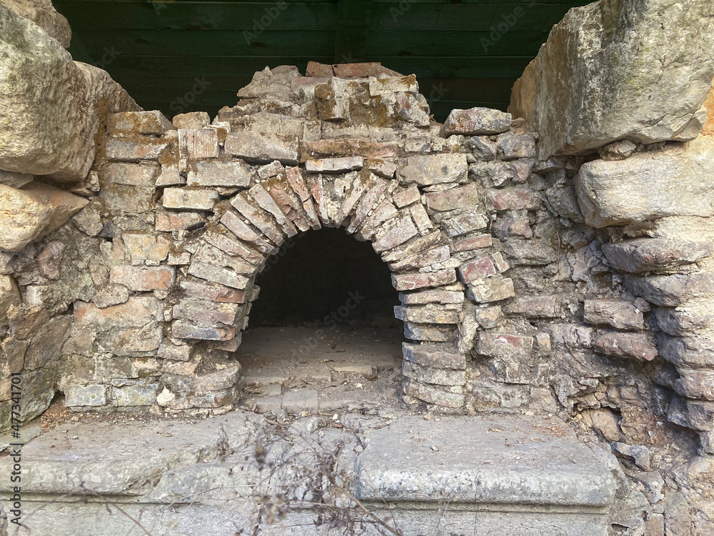 Fototapeta premium Stone wall, abandoned Monastery, Croatia. Chimney