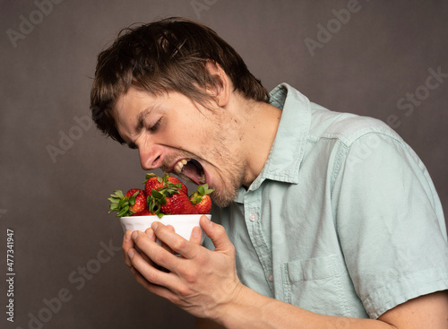 Young handsome tall slim white man with brown hair about to bite into bunch of strawberries in light blue shirt on grey background