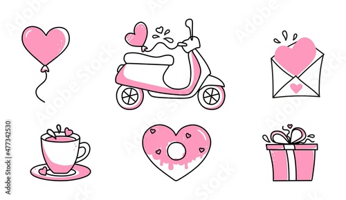Vector set of icons for Valentines Day. Hand-drawn love symbols in a linear style. Isolated on a white background.