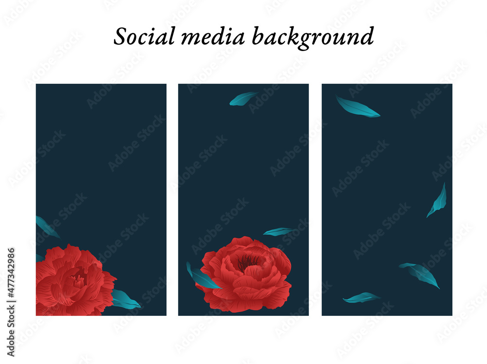 Plantillas de diseño para historias en redes sociales de motivos florales modernos en tonos rojos y fondo oscuro con espacio para texto e imágenes