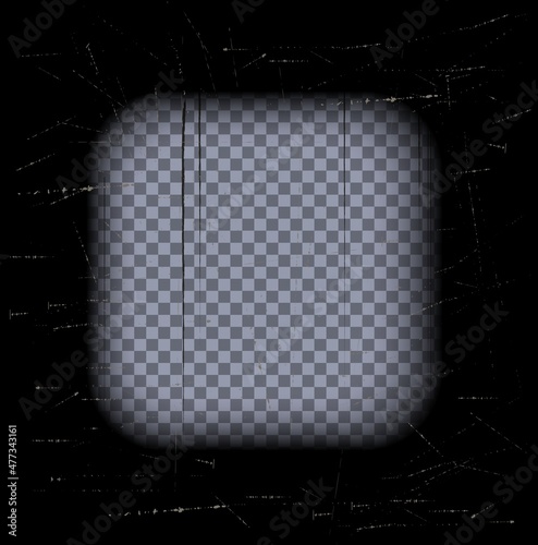 Old black cinematic frame on a transparent background. Scratched vintage video or photo tape. 3d realistic screen in retro style with grunge pattern. Antique slide template. Vector card illustration
