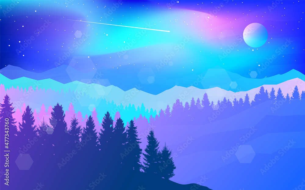 Northern Lights. Aurora in the Arctic. Night boreal. Travel, discovering, exploring, observing nature. Hiking tourism. Adventure. Minimalist graphic flyers. Flat design. Polygonal mountain landscape Northern Lights. Aurora in the Arctic. Night boreal. Travel, discovering, exploring, observing nature. Hiking tourism. Adventure. Minimalist graphic flyers. Flat design. Polygonal mountain landscape