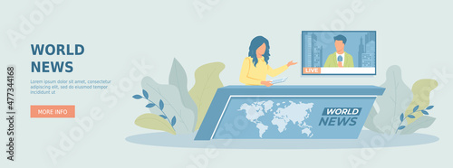 Breaking world news. Live news presenter, broadcaster, reporter interview in the studio. Promotional web banner. Cartoon flat vector illustration with people characters.