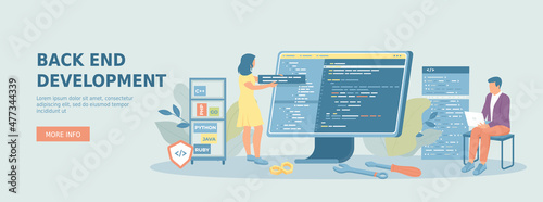 Back End development. Software development process. Programming and coding. Programmers work with code on the screen. Promotional web banner. Cartoon flat vector illustration with people characters.