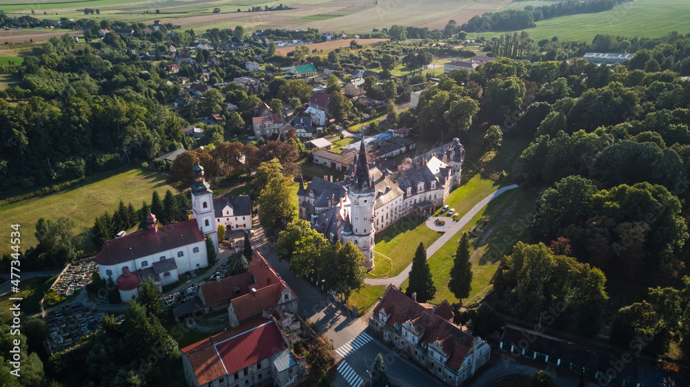 Aerial drone photography of a palace in Bożków, Poland (Schloss Eckersdorf)