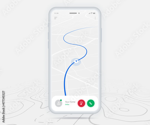 Map GPS navigation ux ui concept, Smartphone map application  destination point on screen, App search map navigate, Technology map, City navigation maps, delivery rider, street, track, location vector photo