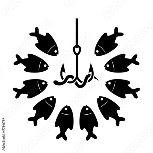 vector black and white fishing icon with hook, bait and hungry fishes