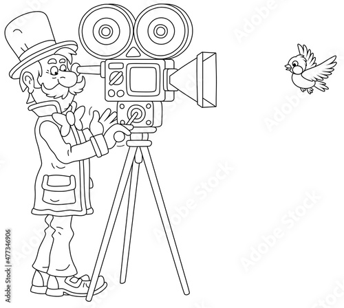 Retro filmmaker in a top hat with his old camera making a film with a flying small bird, black and white vector cartoon illustration for a coloring book page