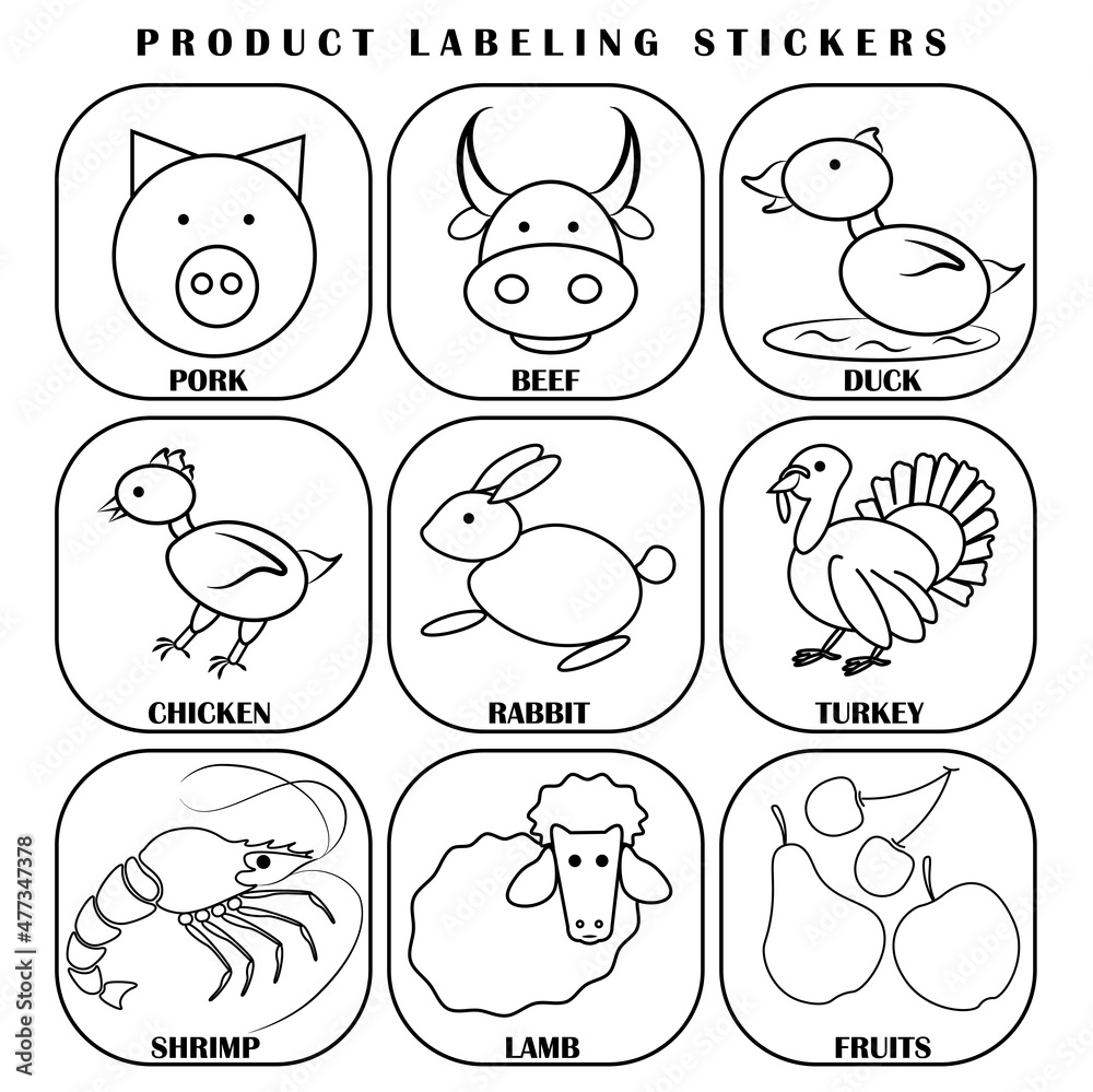 Stickers for labeling products on a white background, isolated elements, vector illustration, pork, beef, rabbit, duck meat, chicken meat, lamb, shrimp, turkey meat, fruits