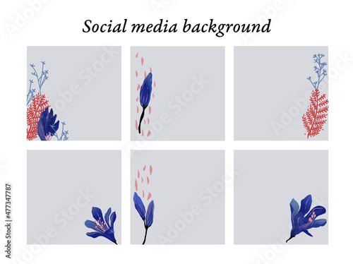 Plantillas de diseño para publicaciones en redes sociales de motivos florales modernos en tonos azules y rojos con espacio para texto e imágenes