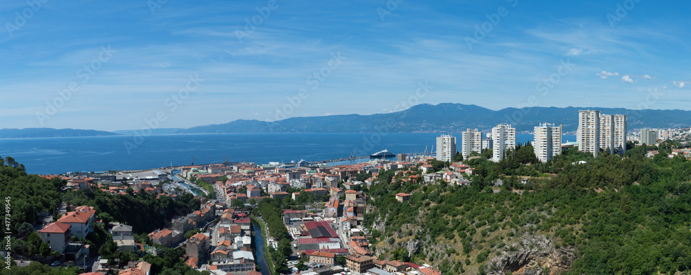 Fototapeta premium Rijeka, Croatia, a panoramic view over the city, beautiful Adriatic sea and Učka mountains