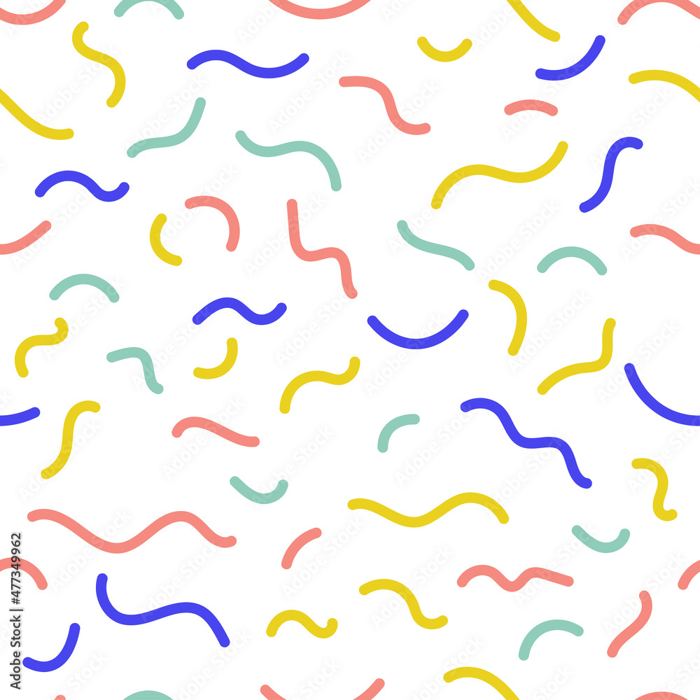 Seamless pattern of colorful abstract squiggles of wavy lines. retro style. Vector illustration isolated on white background.