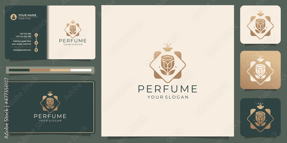 elegant perfume logo template, abstract perfume bottle with flower, golden color design.